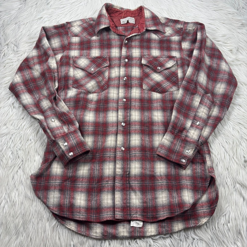 Vintage 70s‎ 80s Pendleton Men's M Wool Plaid Pearl Snap Shirt Western Red